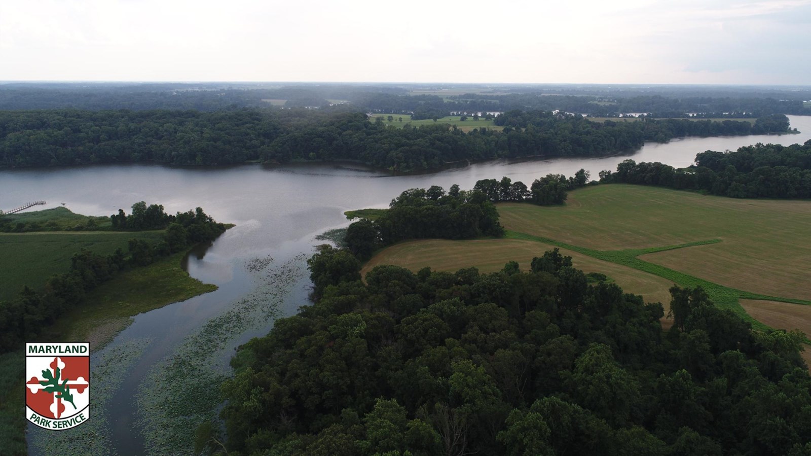 Aerial view of a winding waterway surrounded by forests and farmland.
