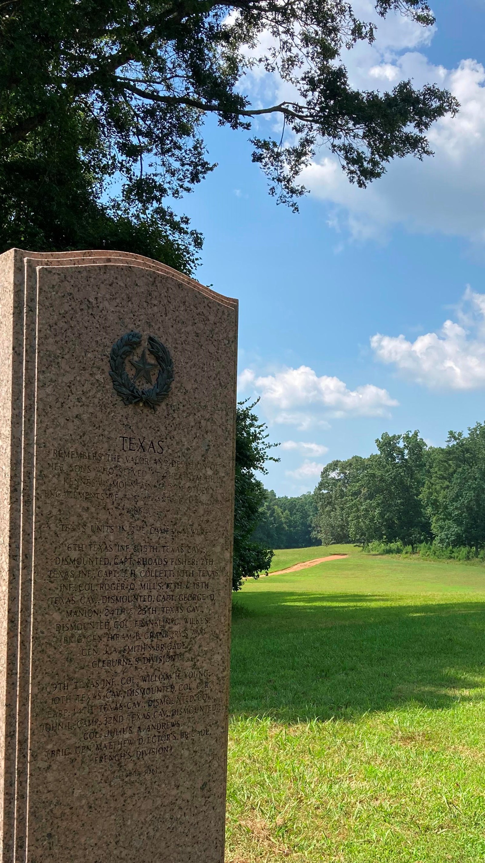 Picture showing the pinkish colored Texas Monument standing at the edge of a green field.