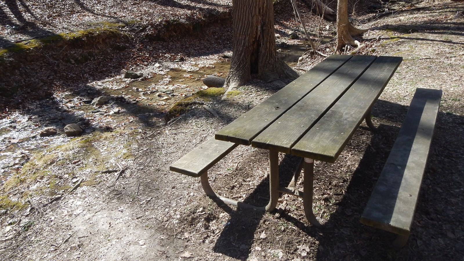 A picnic table next to a small ravine with water running through it