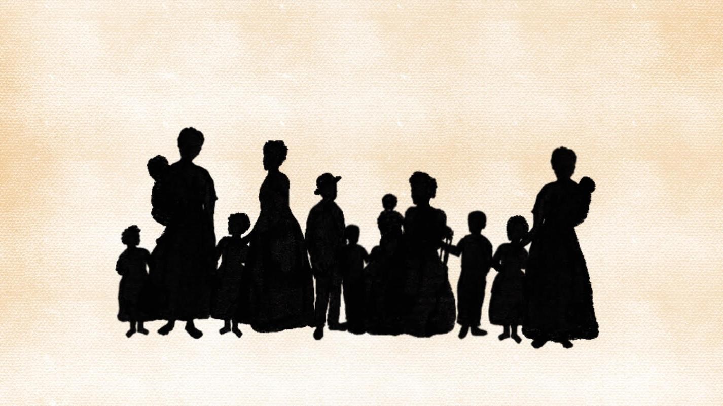 Thirteen silhouettes of women and children of various ages sit and stand next to each other. 