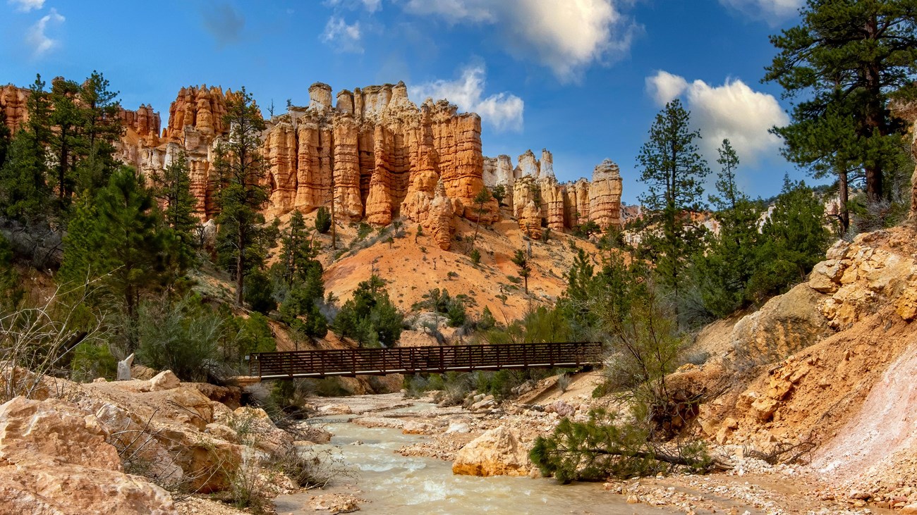 A creek meanders through red rocks with red rock formations in the background.