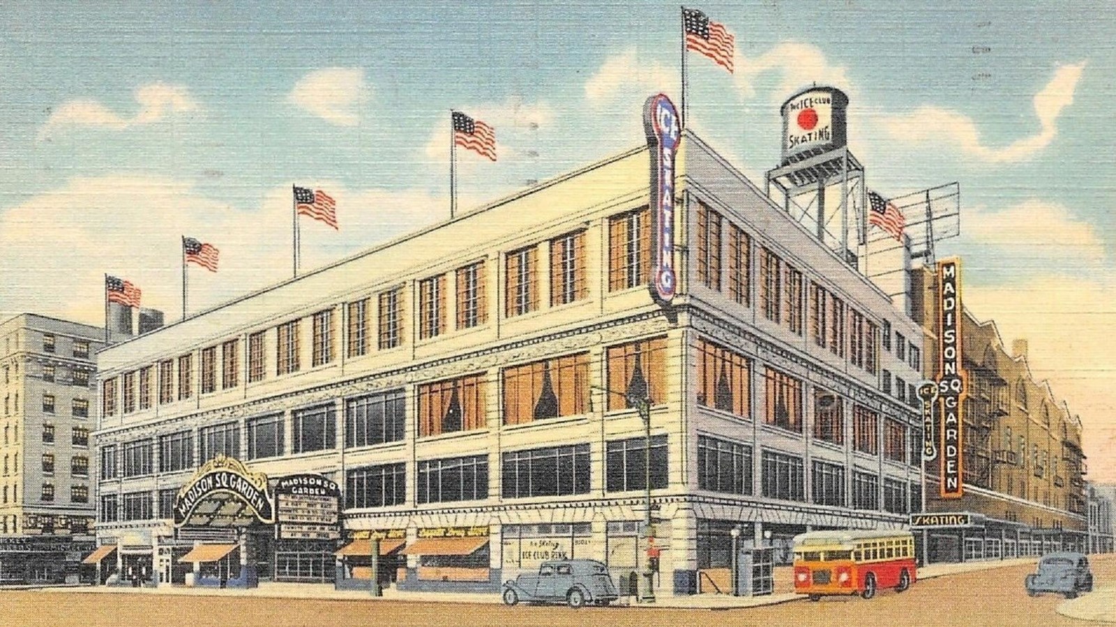 Illustrated image of square building with American flags lining the top