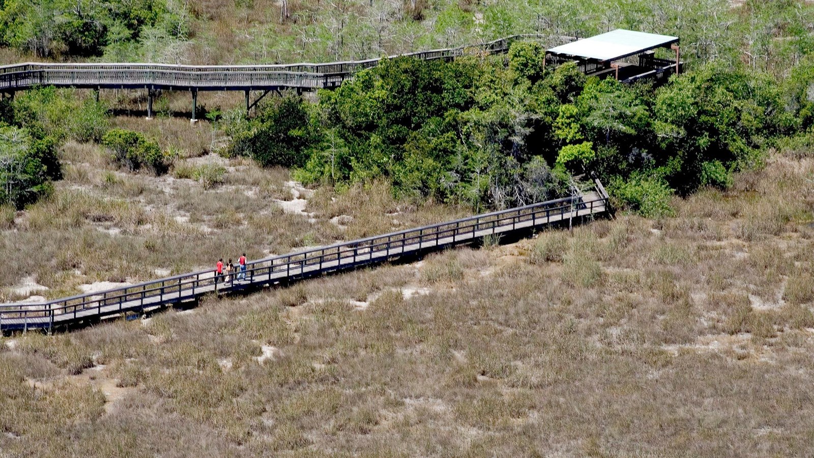 An aerial view of the wooden Pa-hay-Okee boardwalk and shelter structure.