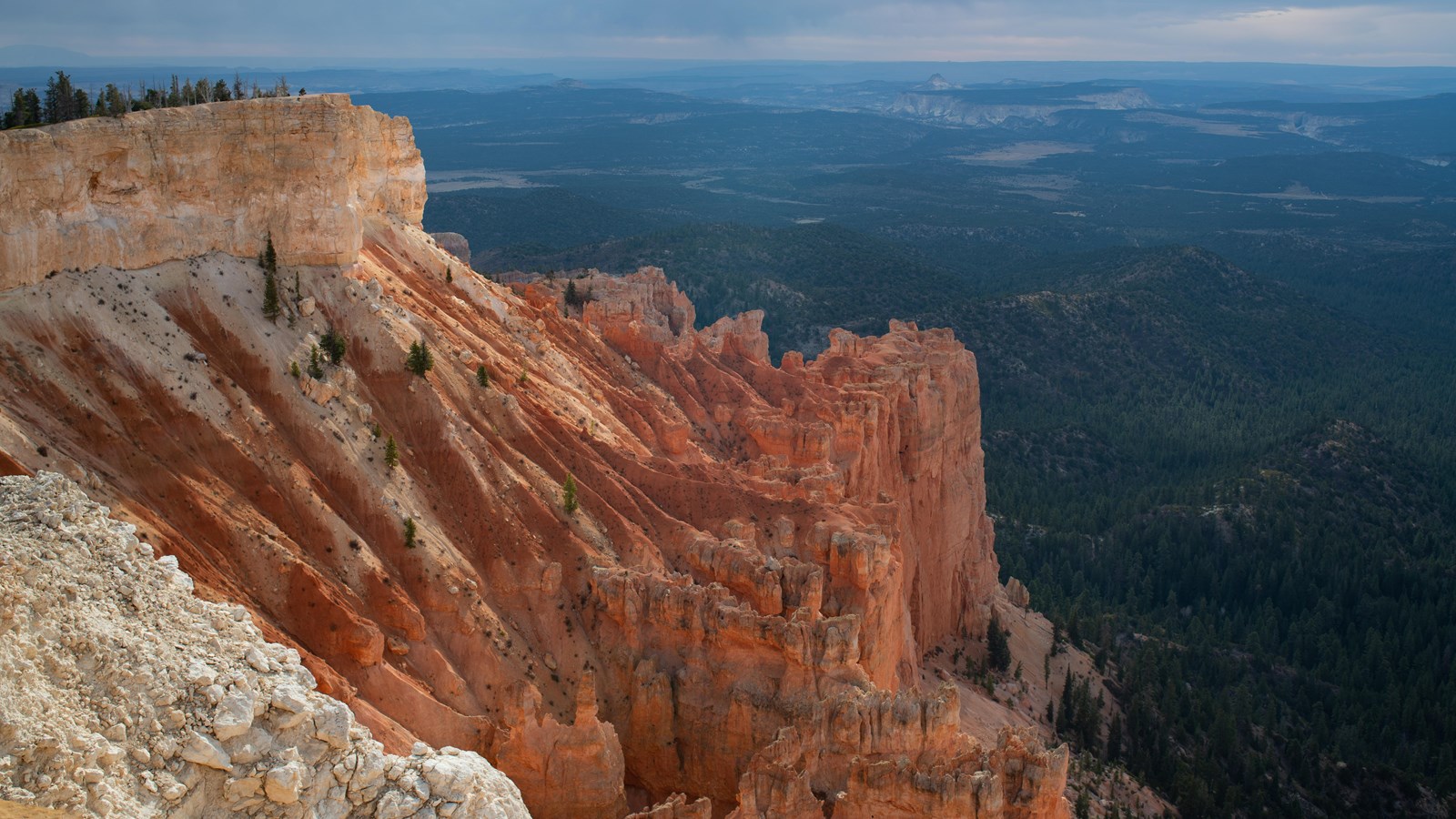 A red and white limestone rock cliff lit with sunlight above a vast forested landscape.