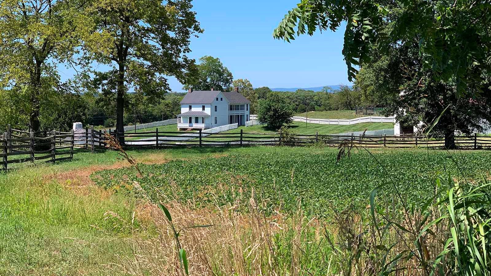 white farmhouse and other small structures