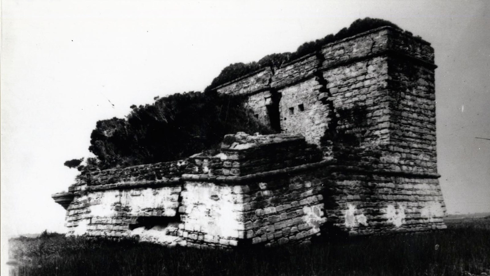 Black & White photo of the fort with major cracks and trees growing from it