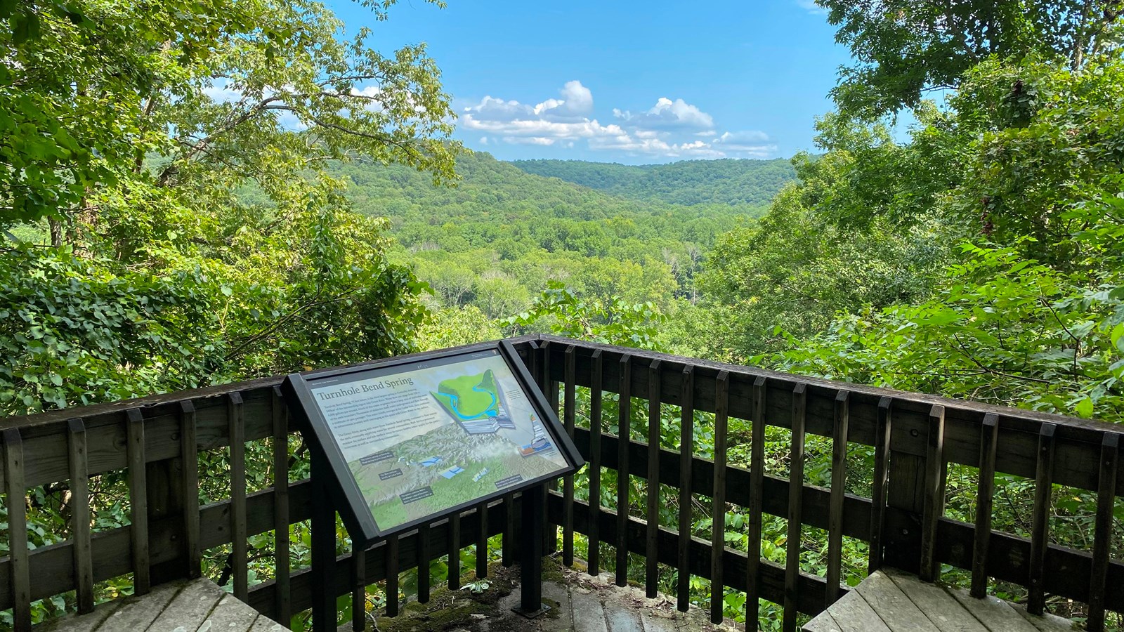 Seen from a wooden platform, a scenic view of green hills framed by treetops and a bright blue sky