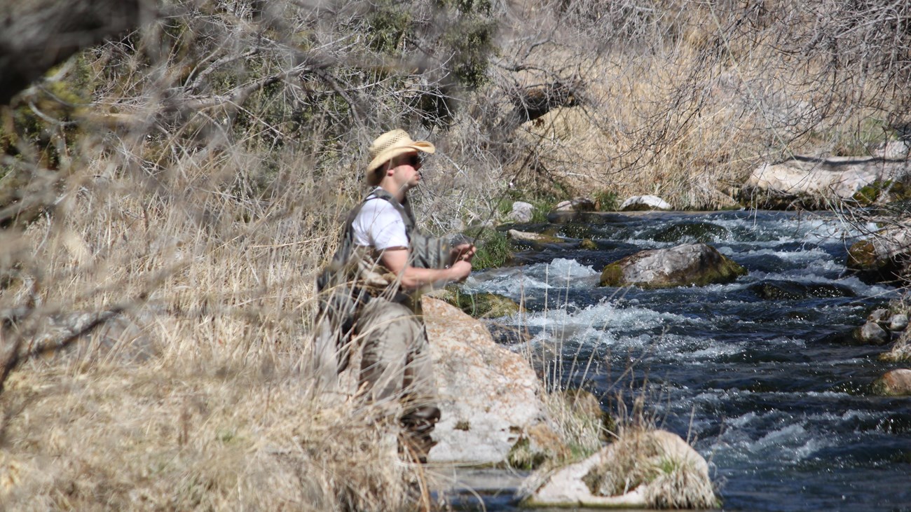 A man holding a fishing pole stands along the edge of a stream.
