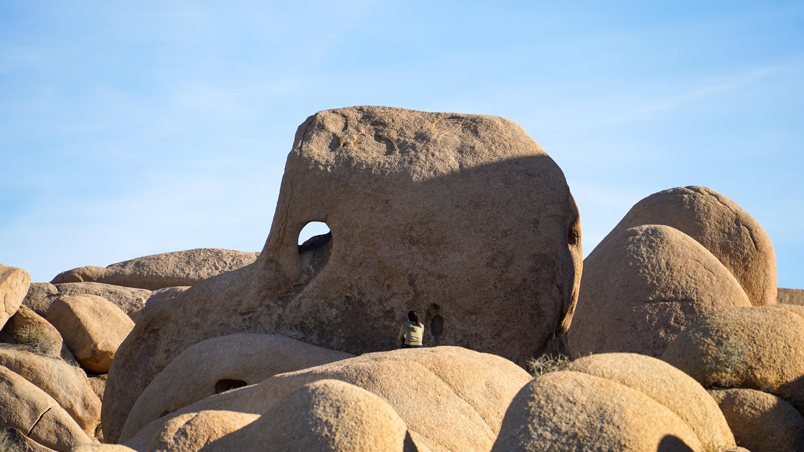 A visitor sits on large boulders in front of large rock shaped like an elephant