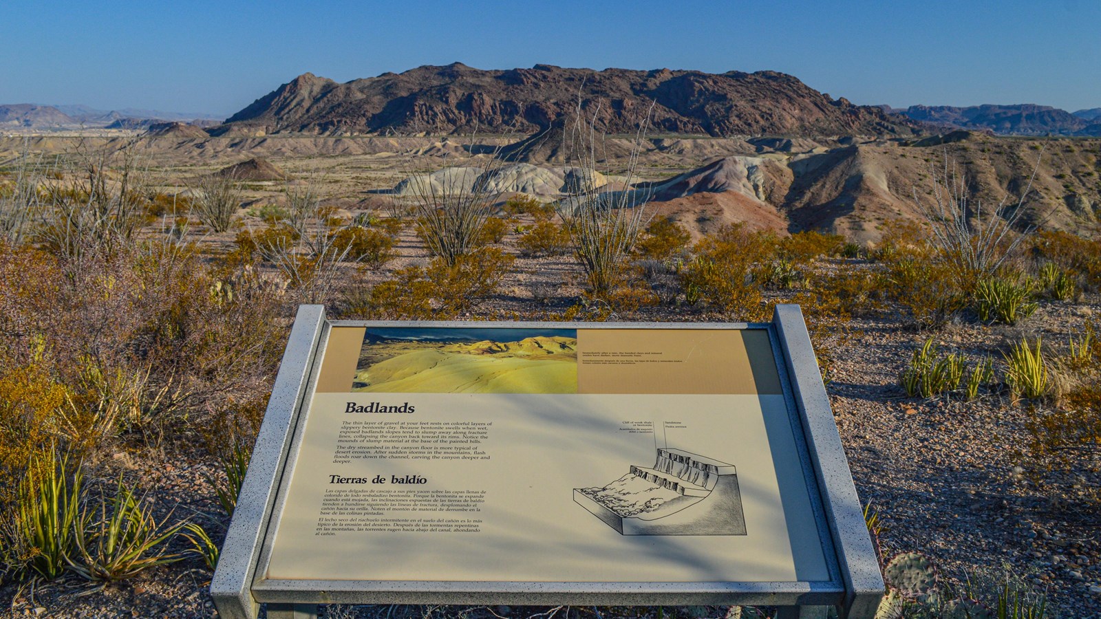 A metal sign dominates a colorful landscape of clay hills in a low valley, with mountains behind.