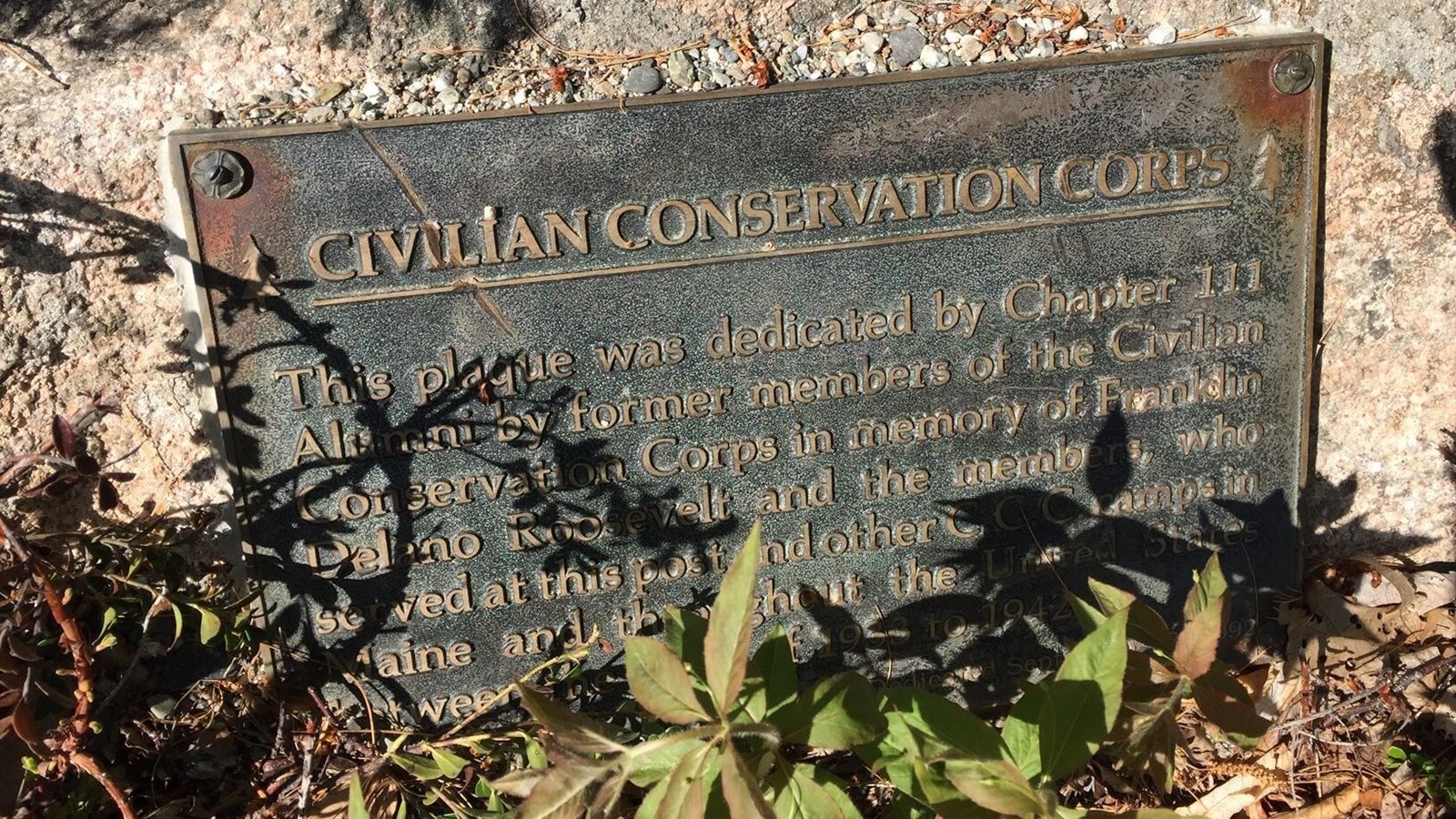Bronze plaque on granite, inscription dedicated to the CCC. 