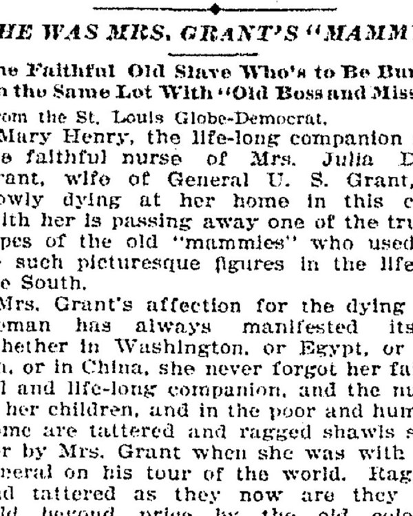 Newspaper article from April 22, 1900 with headline that reads "She was Mrs. Grant's Mammy."