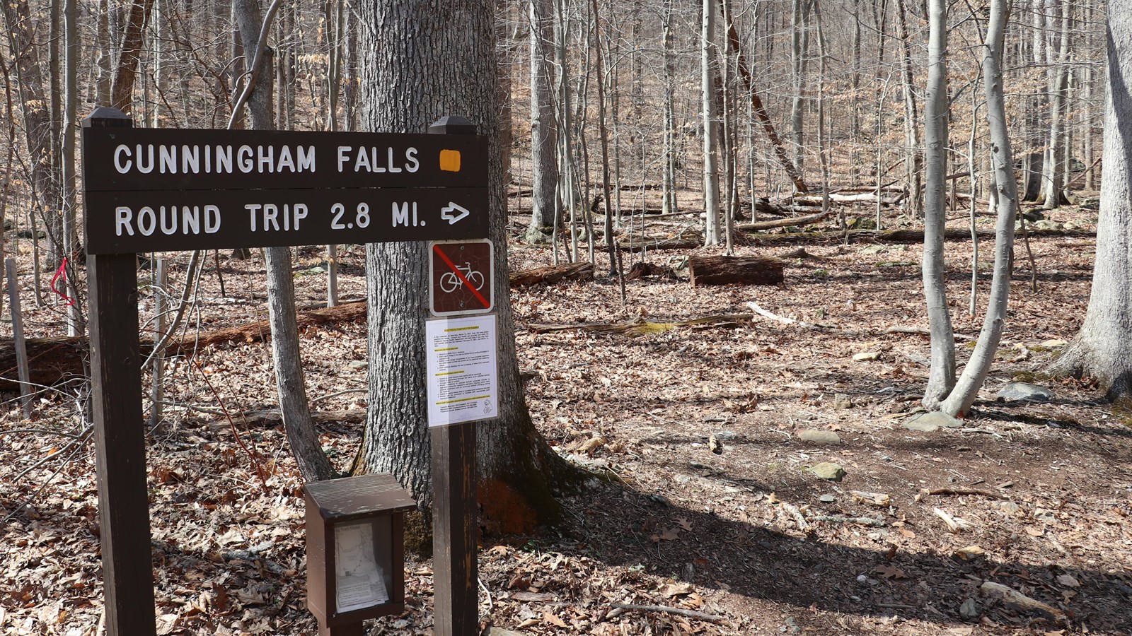 A brown wooden sign with directions for two trailheads, standing in a forest.