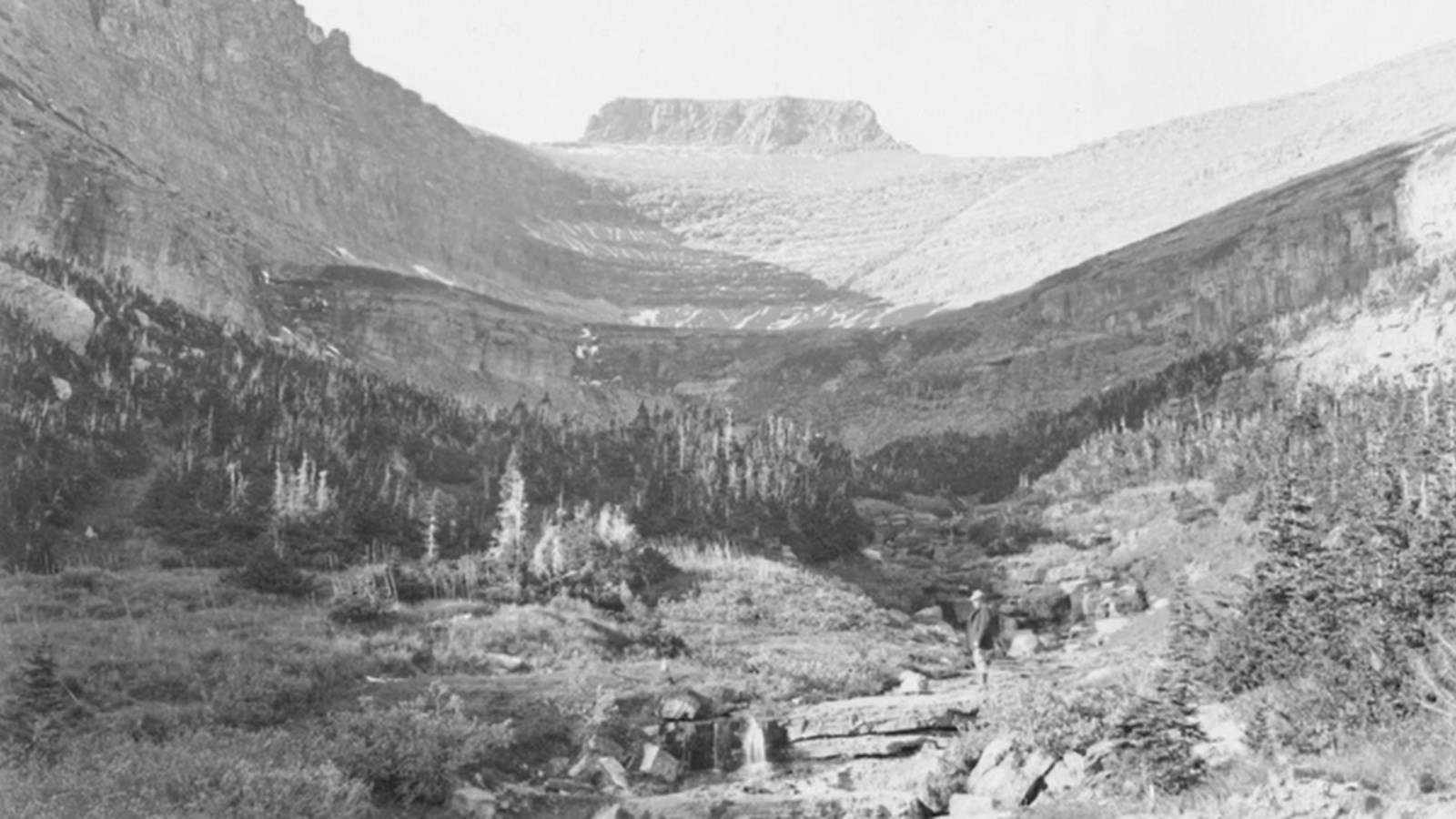 A black and white photo of lunch creek, with a towering mountain and small trees.