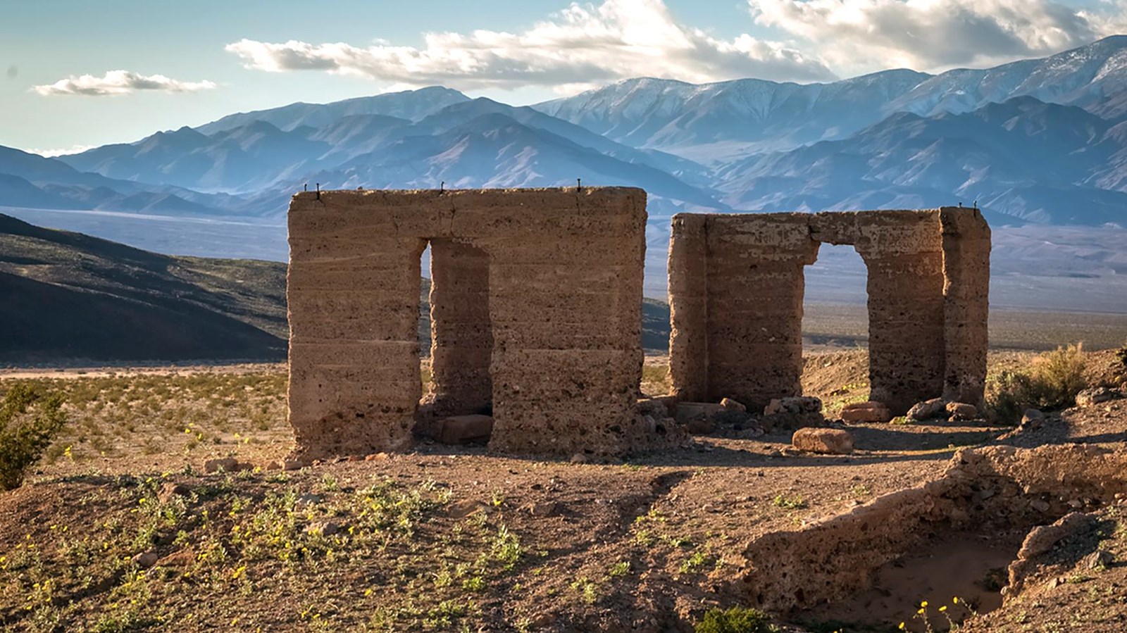 Yellow flowers around a three-sided roofless concrete ruin in a desert with mountains beyond.