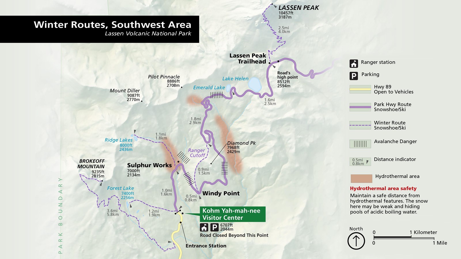 NPS map depicting winter routes, park road, and visitor center locations