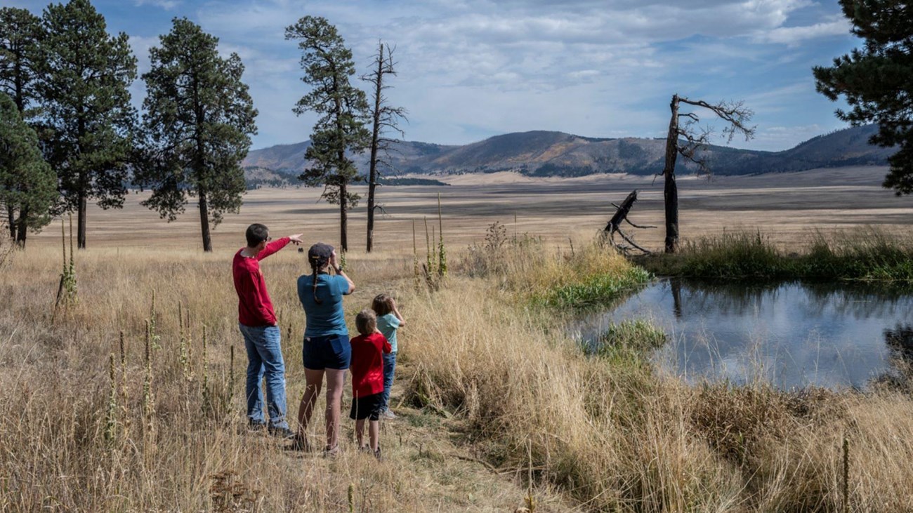 A family with young children stands beside a pond overlooking a vast grassland.