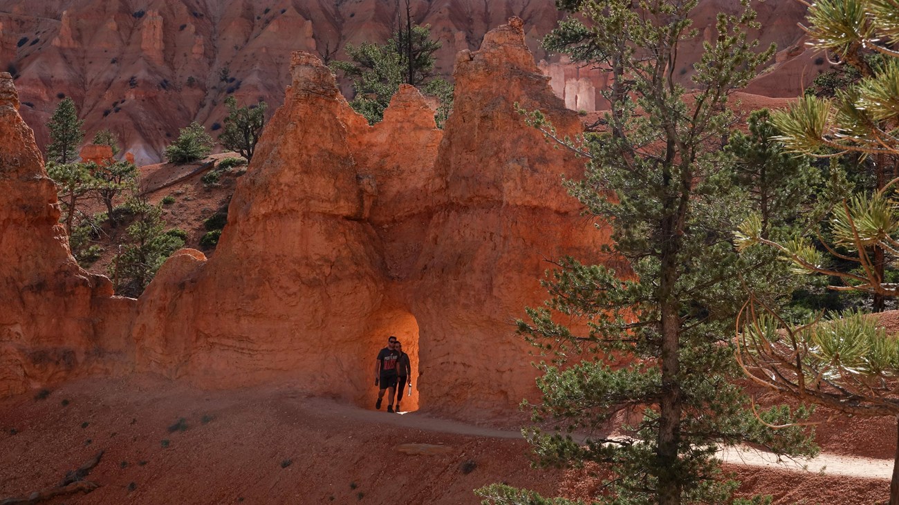 Two hikers pass through a hole carved in limestone feature along a trail lined with trees and rocks