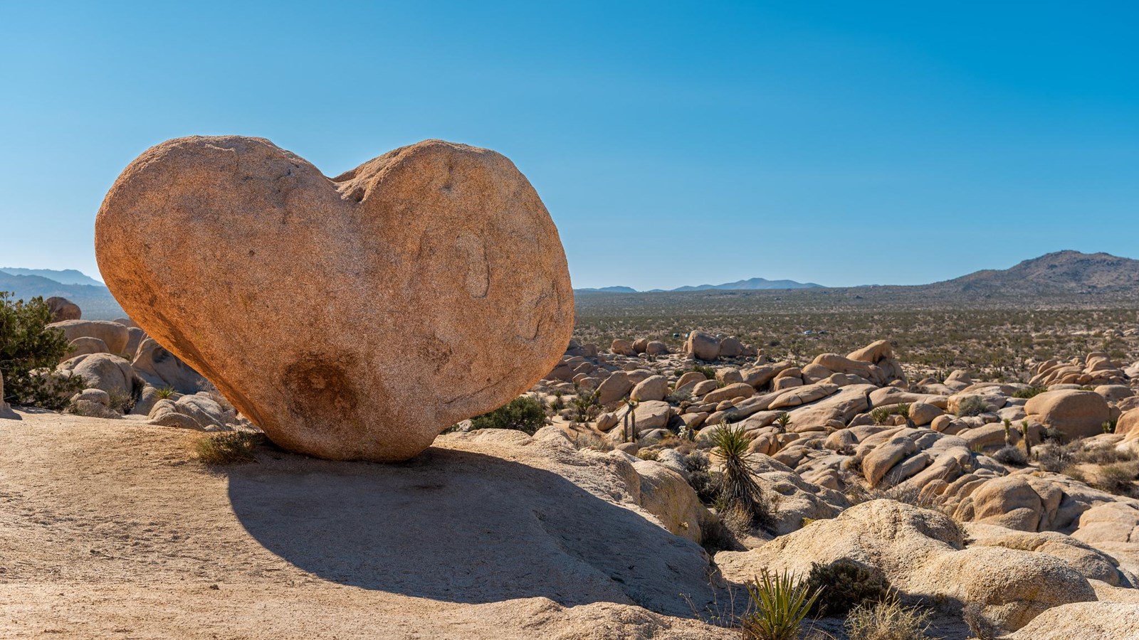 Large heart shaped boulder in front of rocky landscape