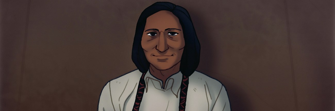 An American Indian with long black hair, wearing a white shirt, and holding a peace pipe.