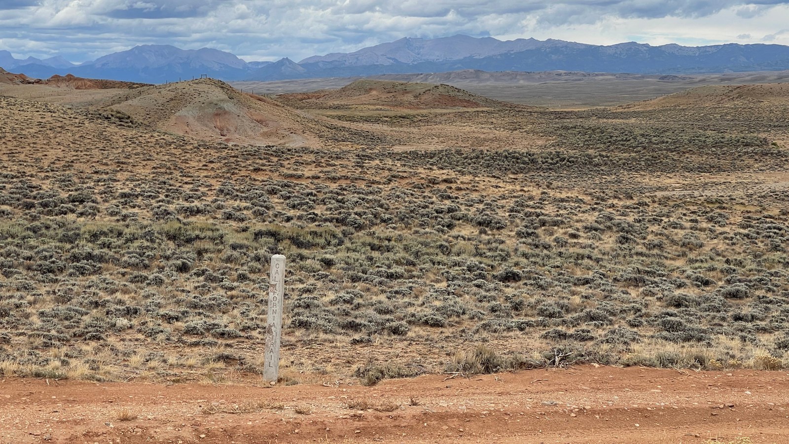 Small shrubs dot the landscape of a high desert with distant desert mountains.