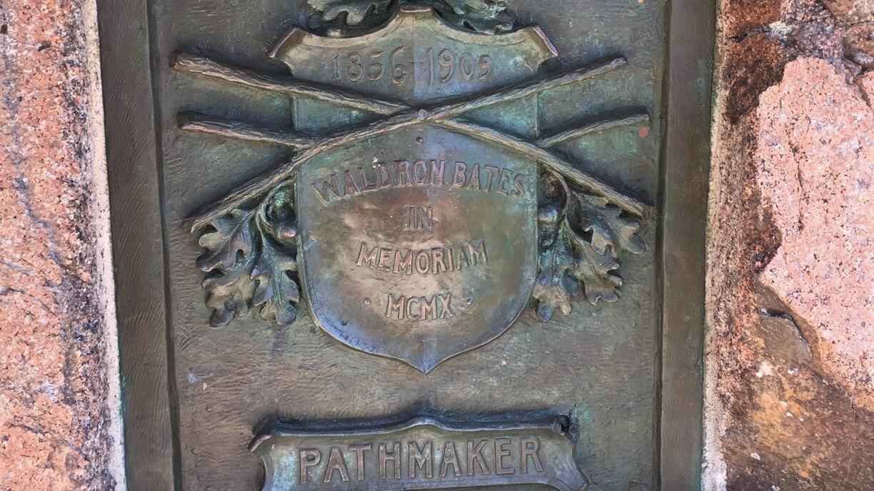 Bronze plaque on granite, inscription dedicated to Waldron Bates
