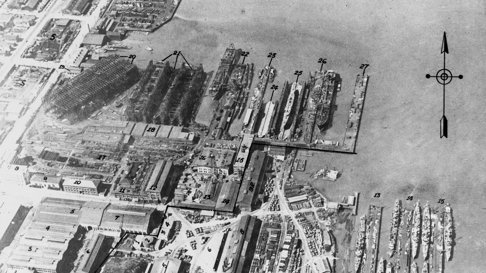 Aerial photo of ship dock in San Francisco. 
