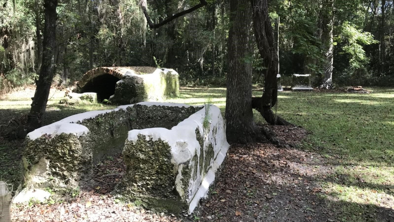 An enclosed burial ground is made up of tabby and brick; a wayside is titled