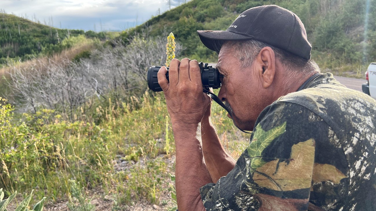 A man wearing camouflage uses binoculars to look across a forested landscape.