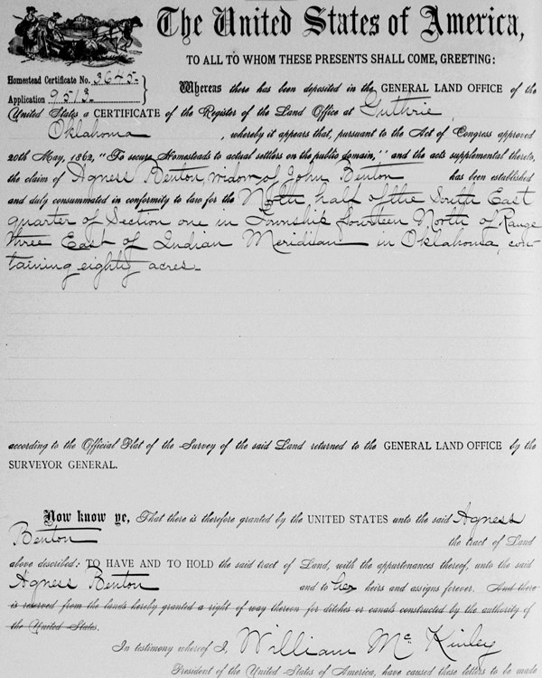 Scan of homesteading patent issued to Agness Benton under William McKinley's presidency.
