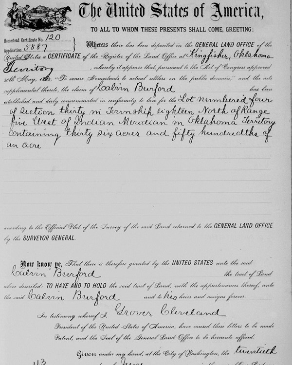 Scan of homesteading patent issued to Calvin Burford under Grover Cleveland's presidency.