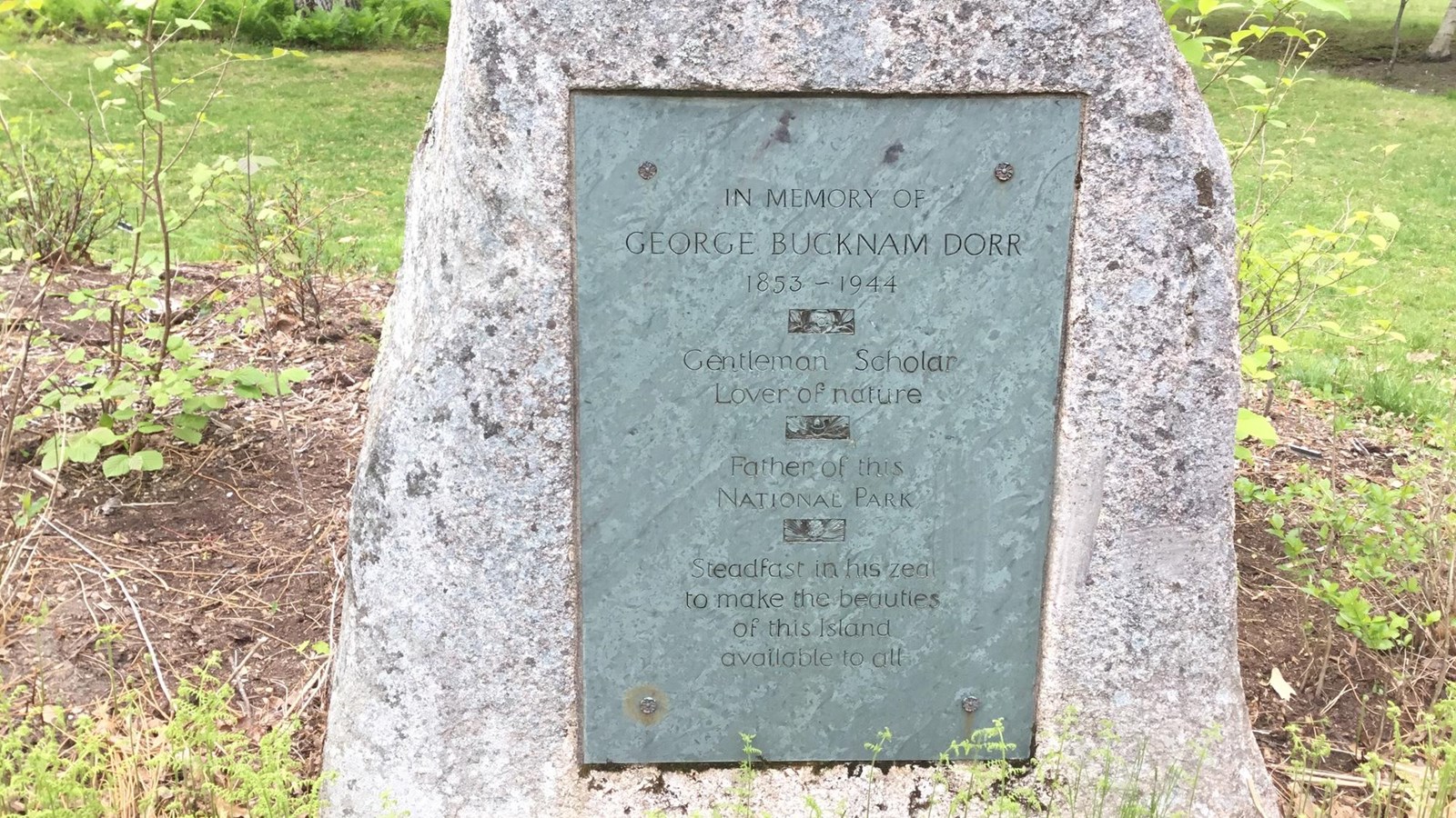 Bronze plaque on granite, raised inscription dedicated to George B. Dorr.