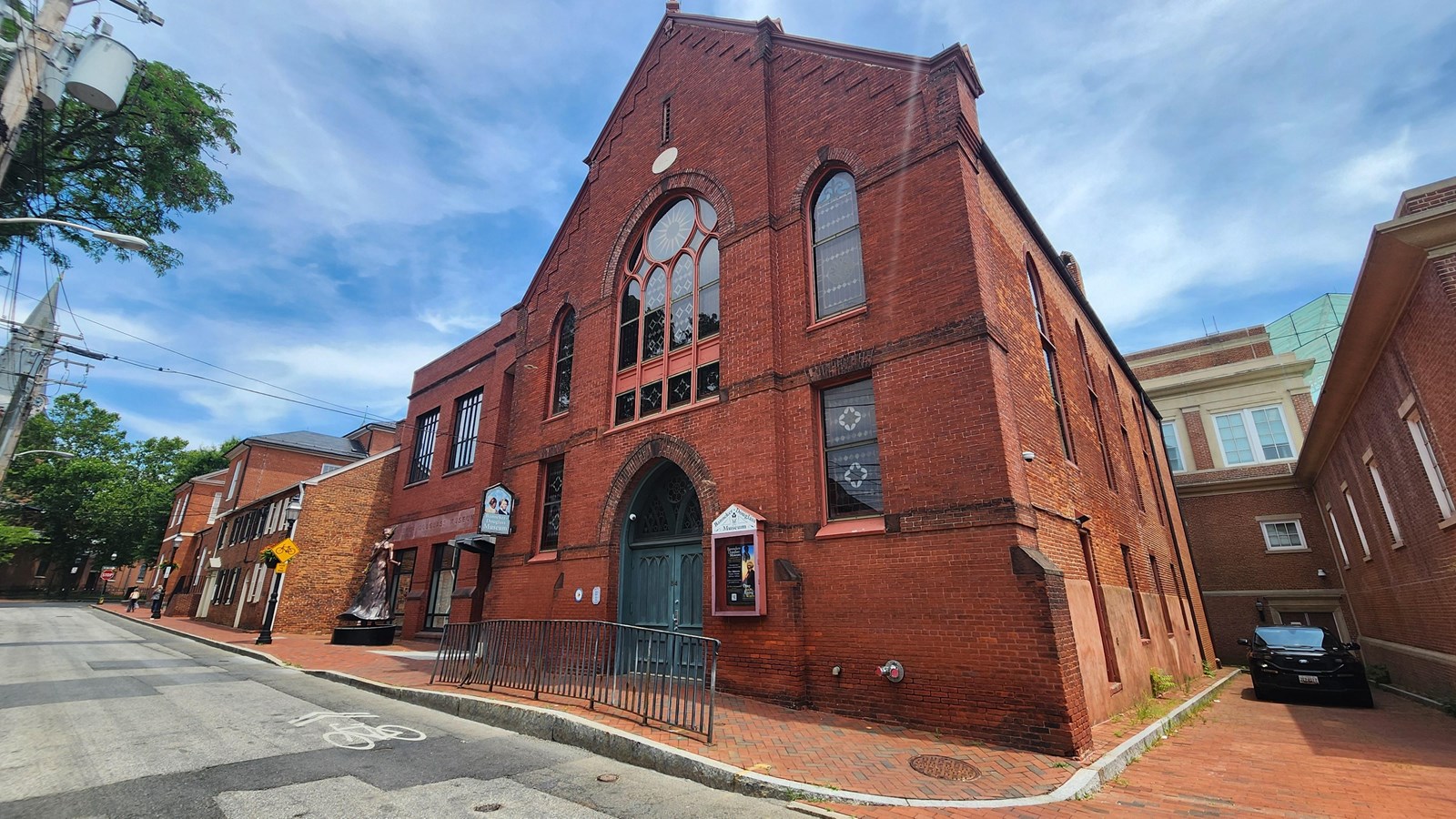 A large brick building that looks like a church.