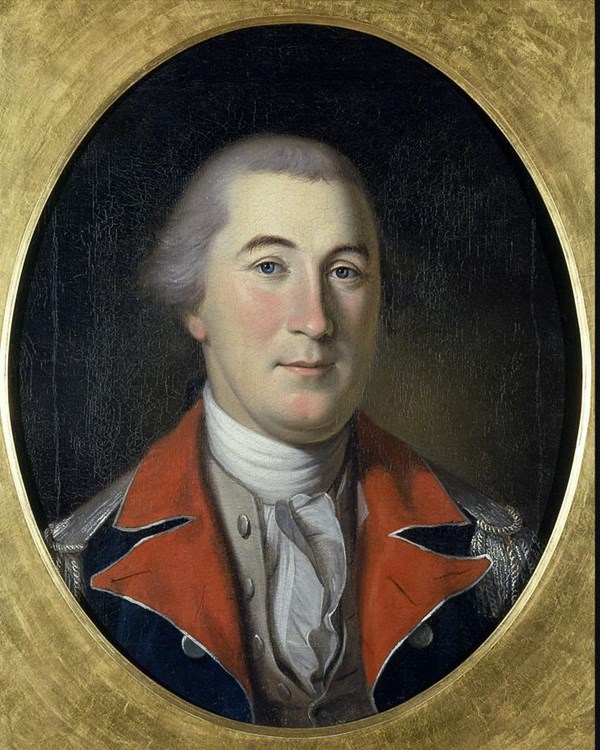Oil painting of a man in military uniform with silver epaulettes and red facings
