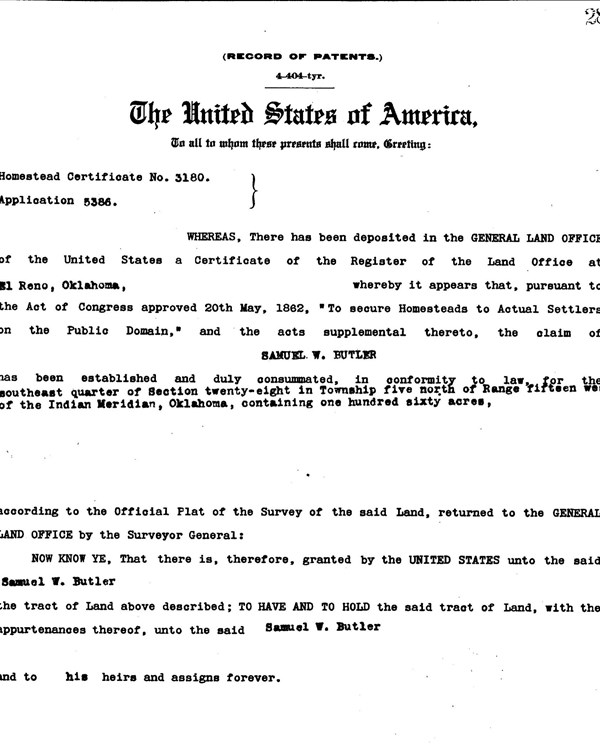 Scan of homesteading patent issued to Samuel W. Butler under Theodore Roosevelt's presidency.