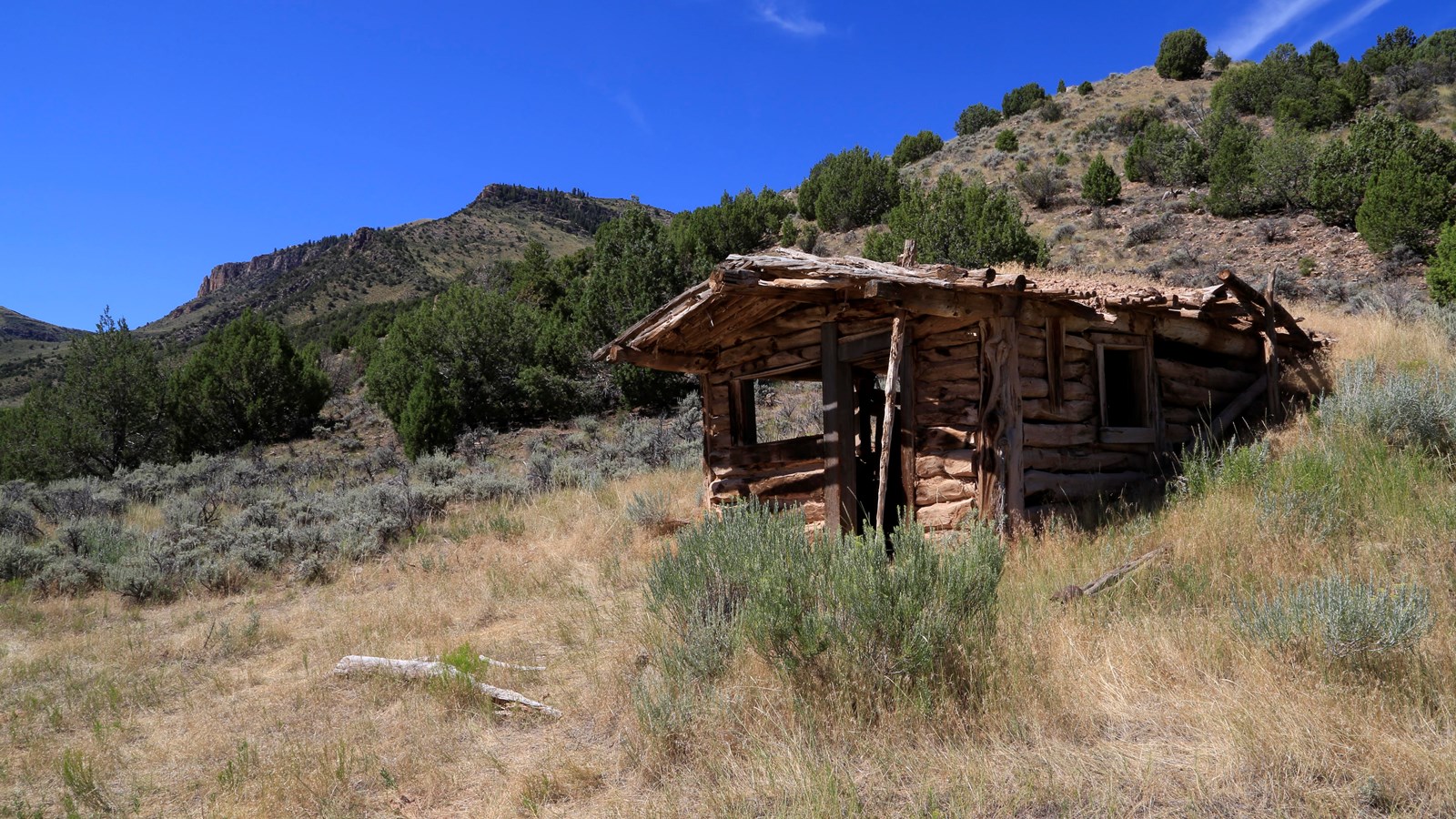 A small, old, log cabin sits on a hillside surrounded by grass.