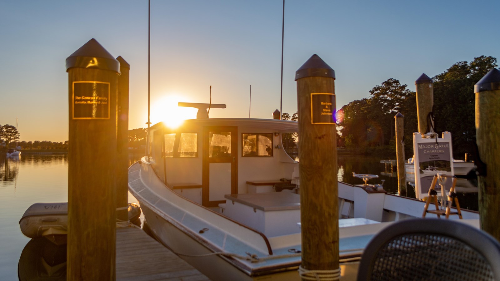 View of Onancock Creek from a pier at sunset. 