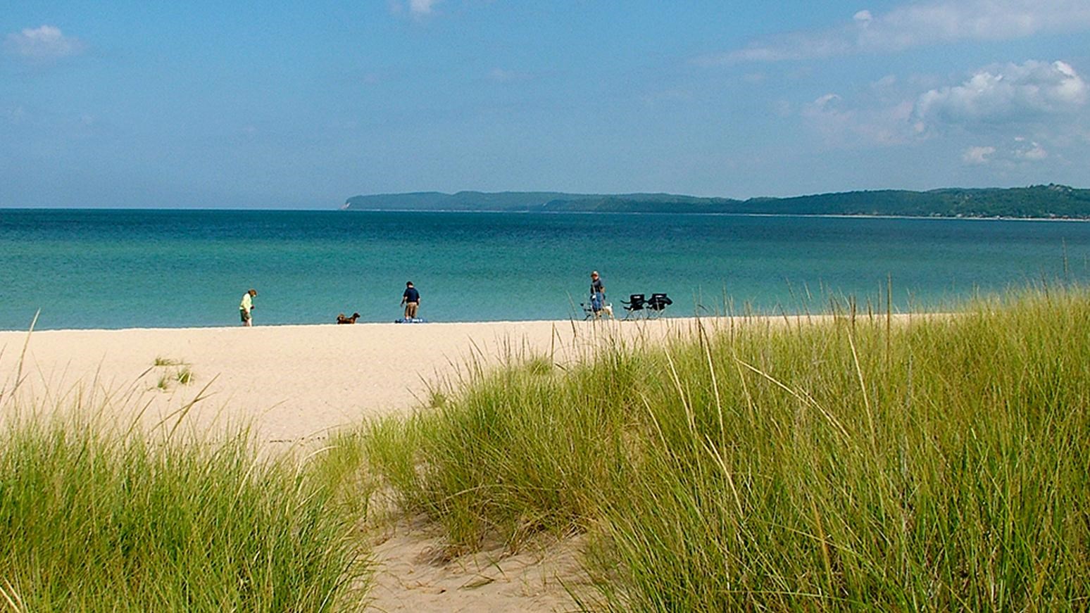A sandy path cut through green dune grass leads to a sandy beach and turquoise blue lake
