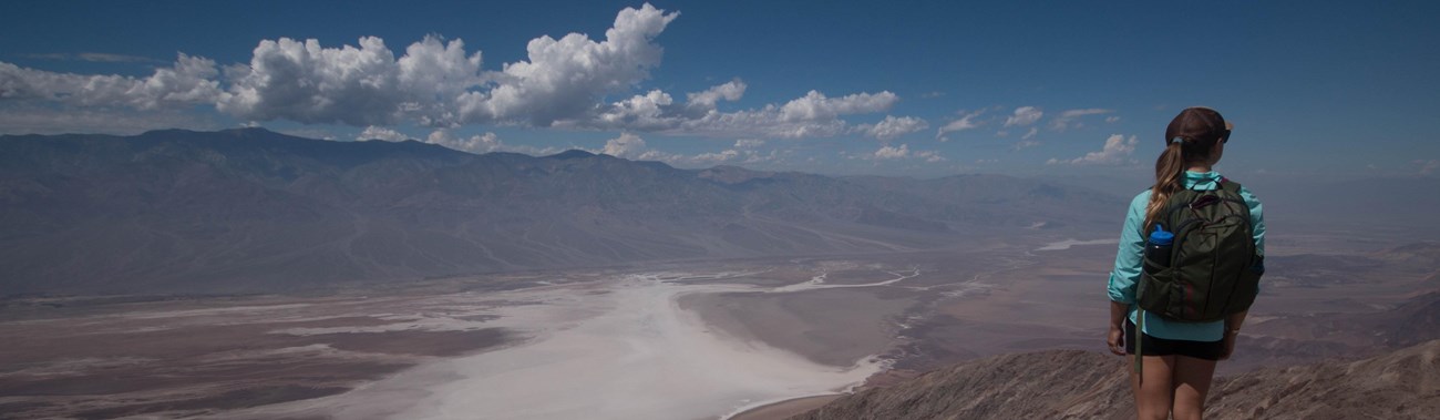 A hiker stands on a rocky ridge looking away from the camera out on a vast white desert valley.