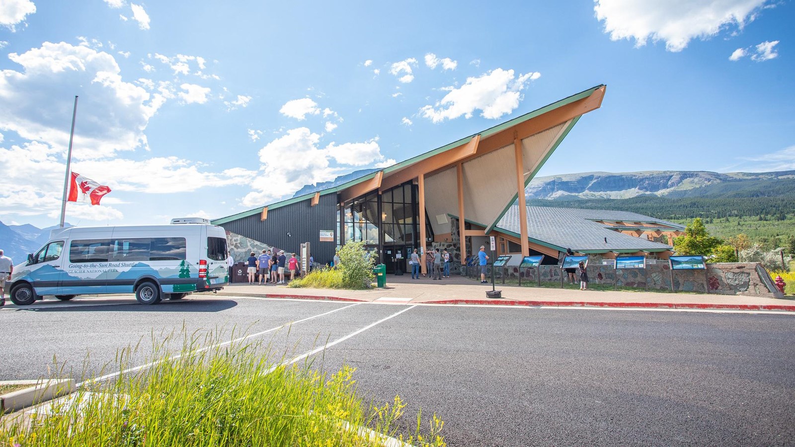 The modern st. mary visitor center building, photographed from the parking lot.