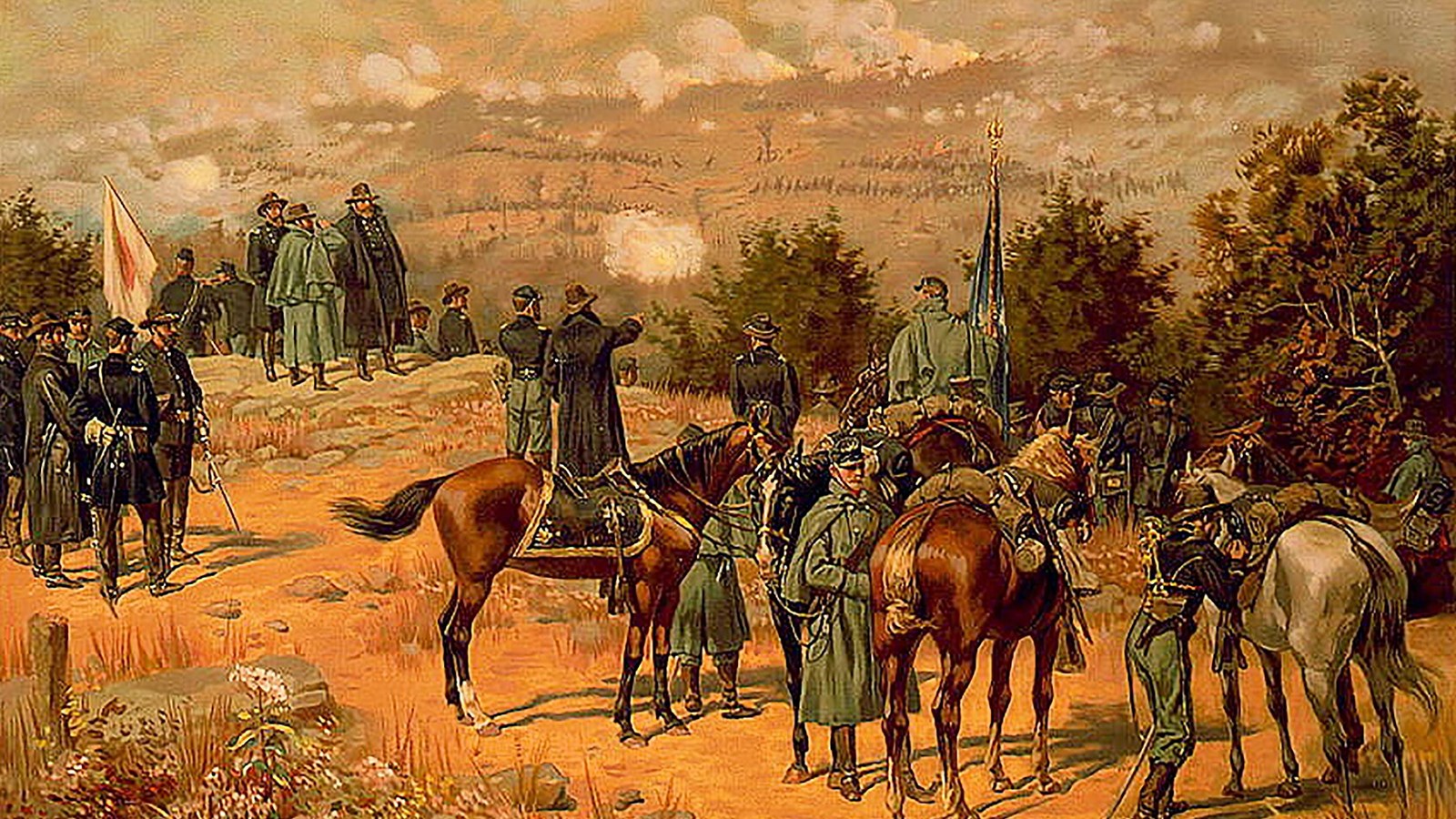 Generals Grant, Thomas, and Granger watch the Battle of Missionary Ridge on November 25, 1863