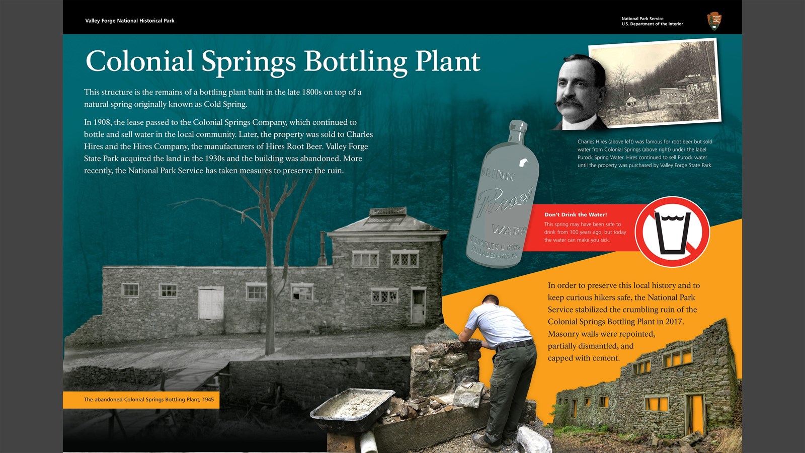 wayside exhibit panel showing historic photographs of the bottling plant and modern preservation