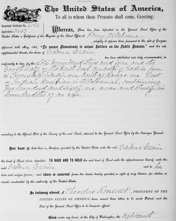 Scan of homesteading patent issued to Salena Crain under Theodore Roosevelt's presidency.