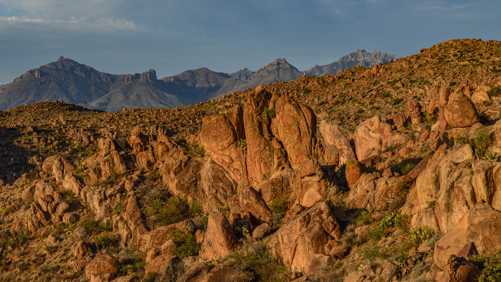 Hills composed of weathered, rounded rock stand in front of a higher line of mountain peaks.