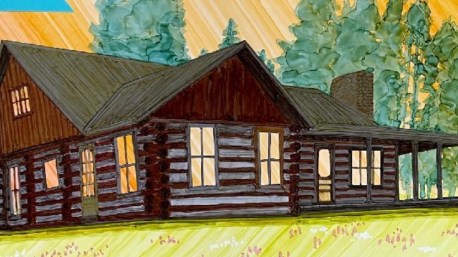 A collage of a historic log cabin with a coyote passing in front of it.
