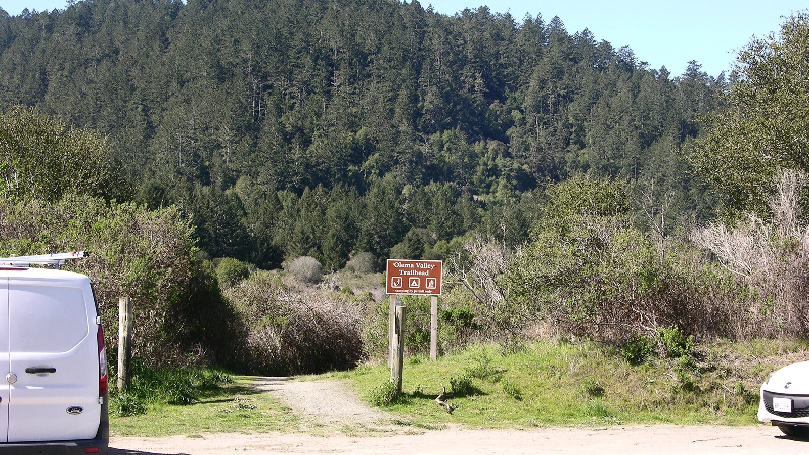A moderately-sized brown trailhead sign stands adjacent to a dirt trail that leads away from a road.