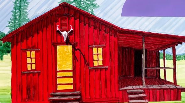 A color illustration of a red shack.
