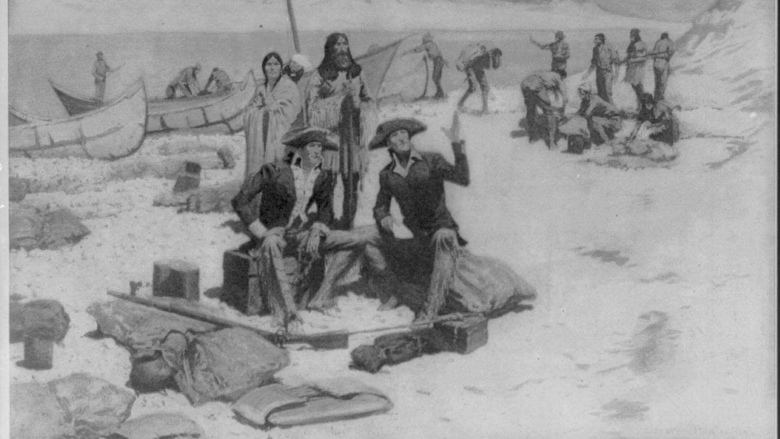Newspaper illustration showing Lewis and Clark, seated on crates of supplies, at the Columbia