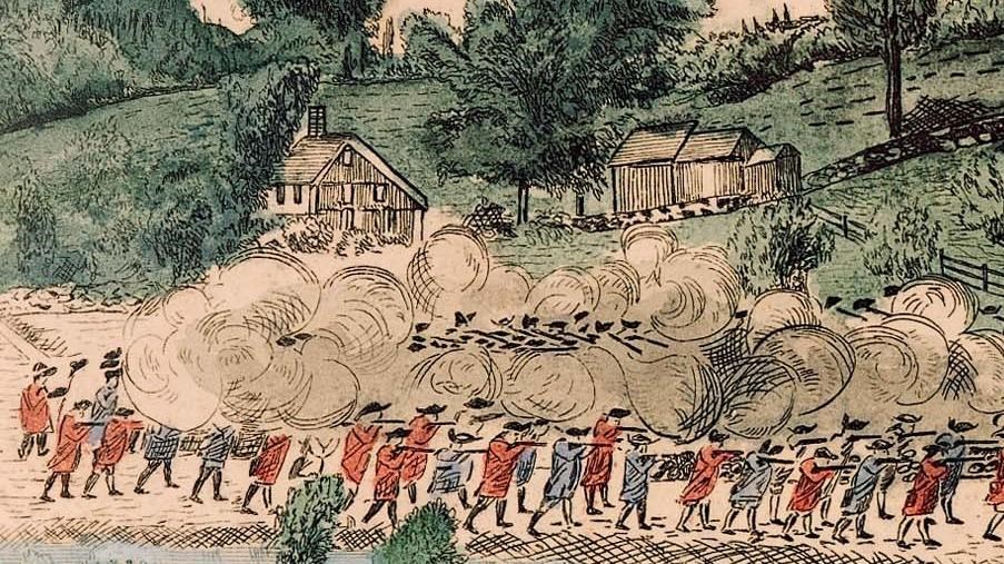 Color engraving of a Revolutionary War battle fought beside a river under a hill.