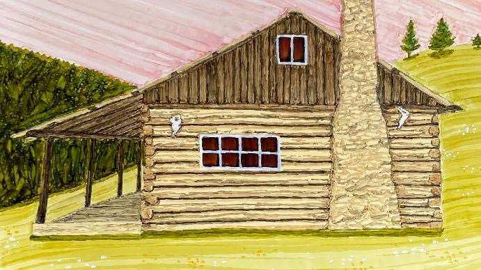 Color illustration of a log cabin with prairie dogs out front.